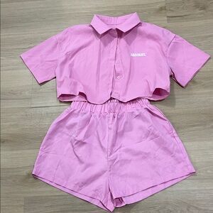 SHEIN Pink Crop Top Set with ABSOLUT embroidered
